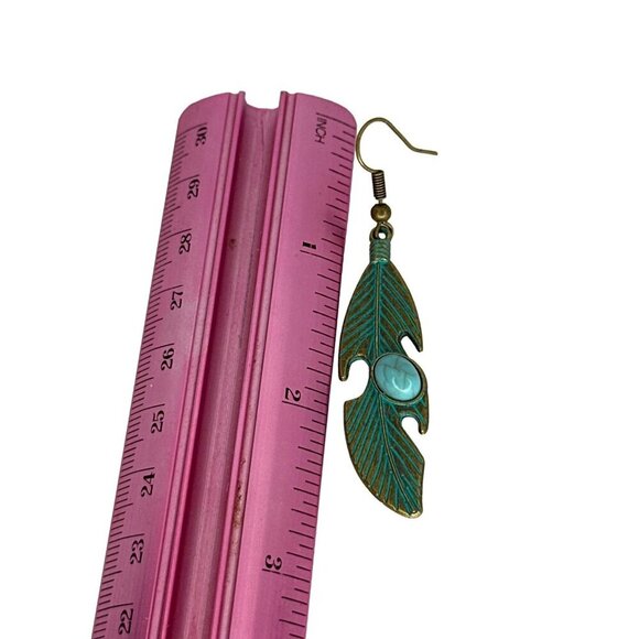 Vintage Bronze Leaf Feather Earrings With Turquoise Stone Accents & Fishhook Clo - Picture 3 of 3